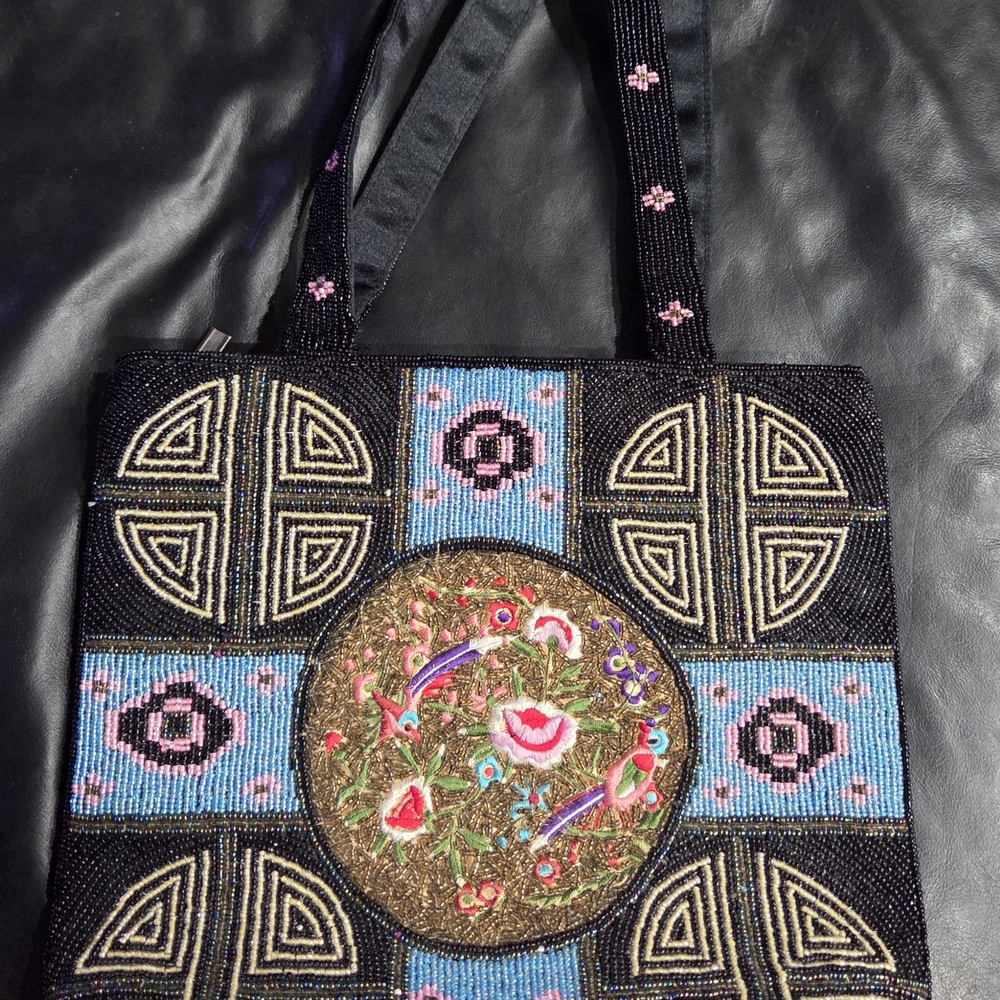 #13 - Zipper Beaded Embroidered Black and Blue Women Tote Bag